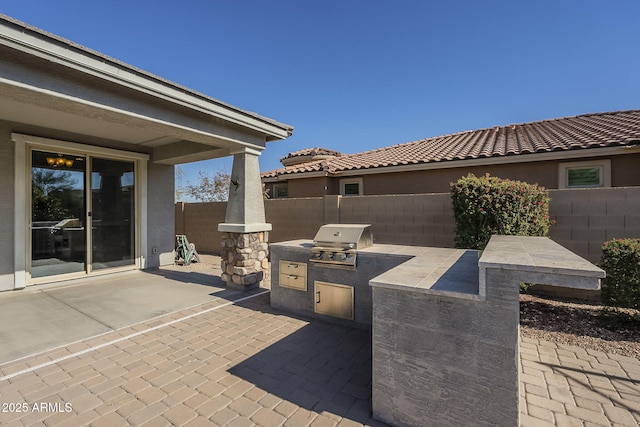 view of patio / terrace featuring area for grilling and a grill