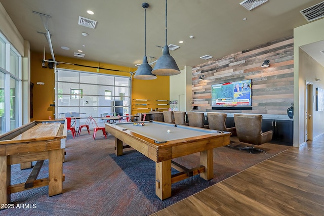 rec room featuring wood walls, pool table, and dark hardwood / wood-style floors