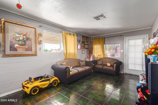 living room with a textured ceiling