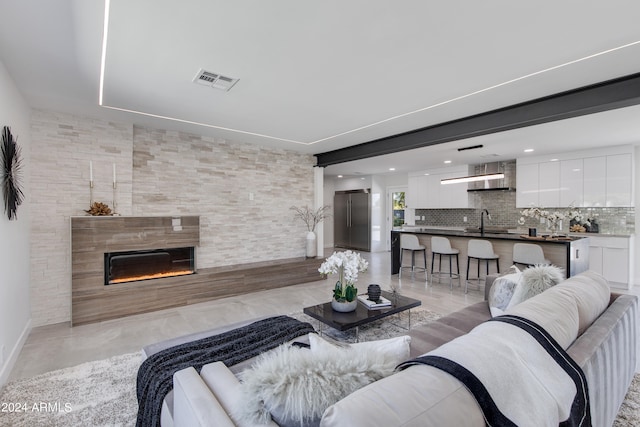 tiled living room with sink