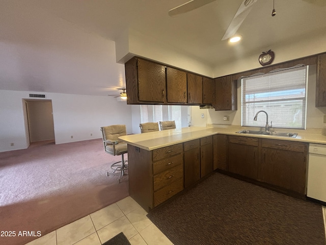 4537 E Emelita Ave, Mesa, AZ 85206 - kitchen featuring dishwasher, ceiling fan, a sink, visible vents, and light countertops