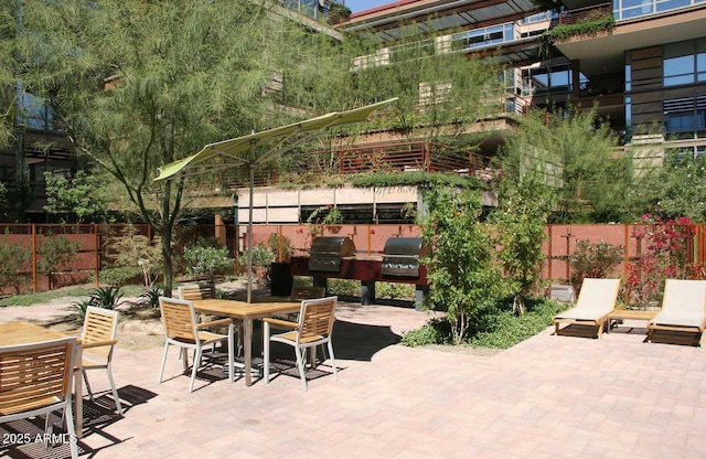 view of patio / terrace with outdoor dining space, a fenced backyard, and area for grilling