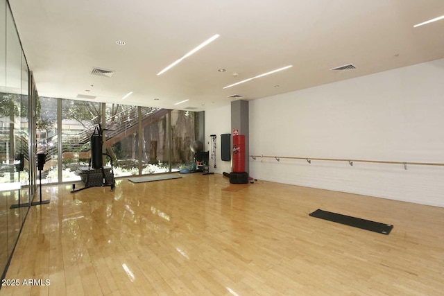 interior space featuring expansive windows, wood finished floors, and visible vents