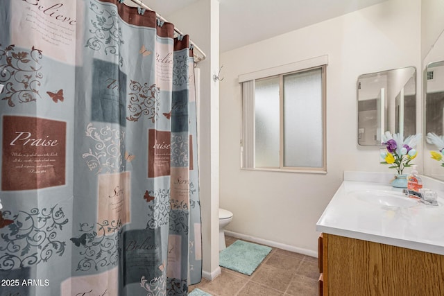 full bath featuring baseboards, toilet, a shower with curtain, tile patterned flooring, and vanity