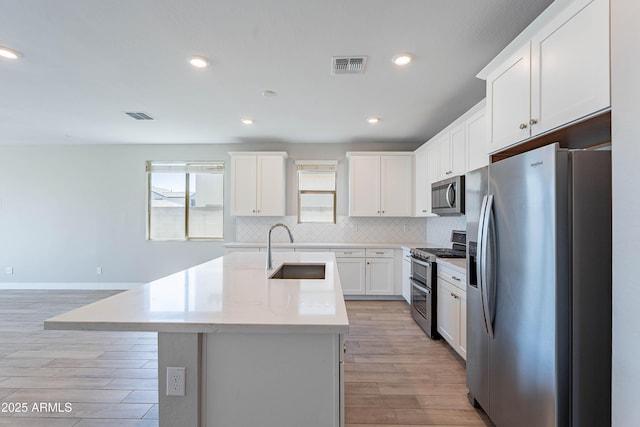kitchen with appliances with stainless steel finishes, a sink, light wood finished floors, backsplash, and white cabinetry