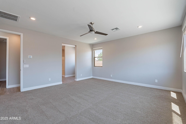 unfurnished room featuring a ceiling fan, carpet flooring, baseboards, and recessed lighting