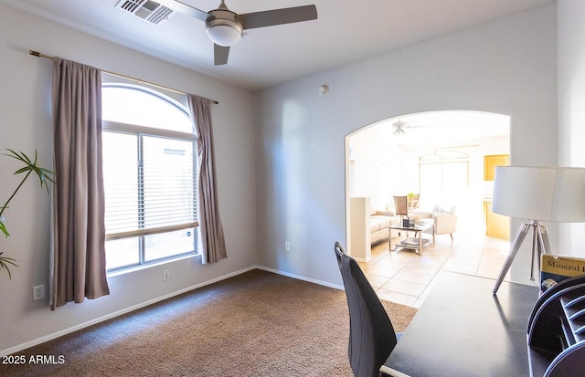 office area with light colored carpet and ceiling fan