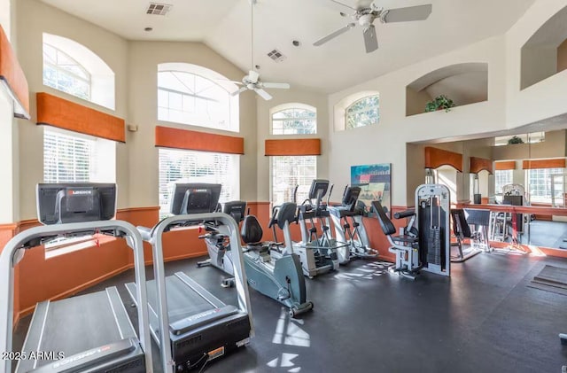 5335 E Shea Blvd Unit 2081, Scottsdale, AZ 85254 - exercise room featuring plenty of natural light, ceiling fan, and high vaulted ceiling