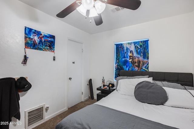 bedroom featuring ceiling fan and carpet