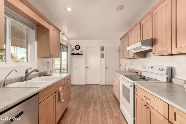 kitchen featuring sink, white electric stove, light hardwood / wood-style flooring, stainless steel dishwasher, and light brown cabinetry