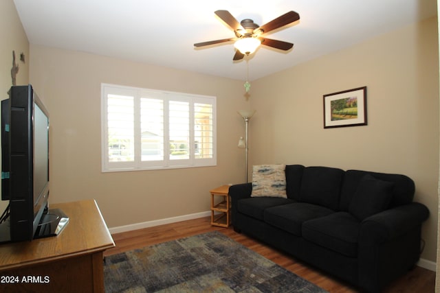 living room featuring ceiling fan and wood-type flooring