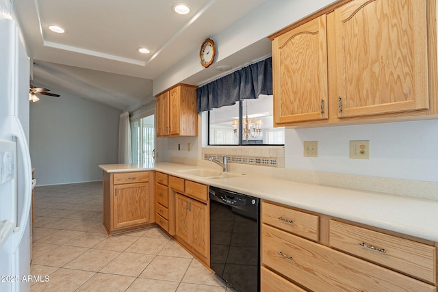 kitchen with sink, light tile patterned floors, black dishwasher, kitchen peninsula, and white refrigerator with ice dispenser