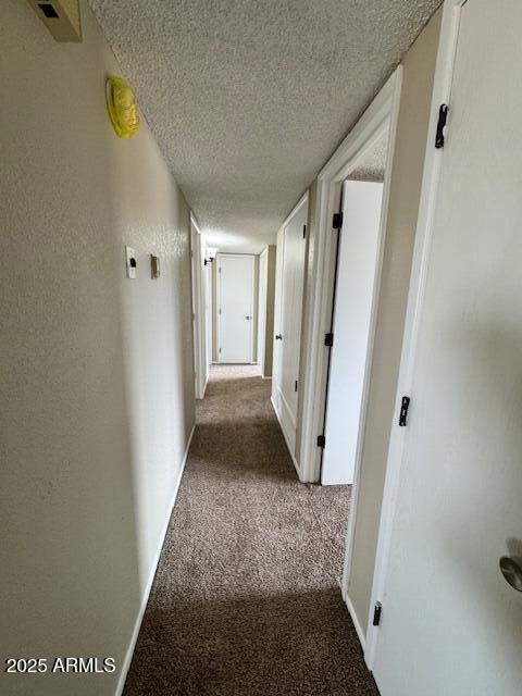 hallway with carpet and a textured ceiling