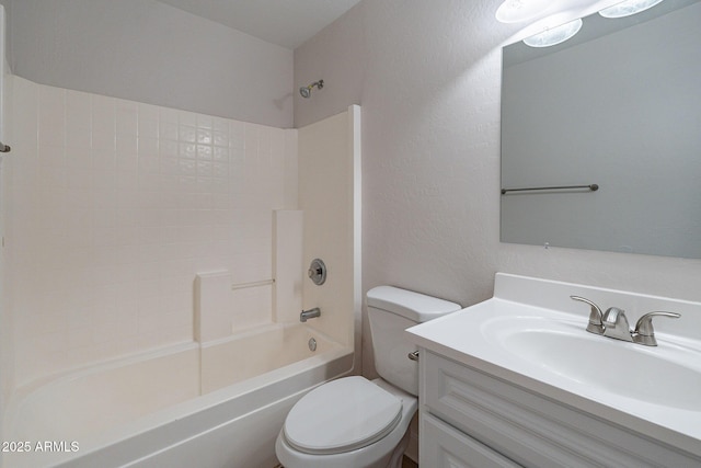 full bathroom with toilet, vanity, and bathing tub / shower combination