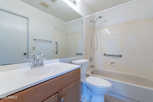 bathroom with toilet, visible vents, shower / bathing tub combination, and vanity