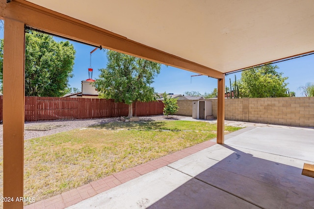 view of yard with an outbuilding, a patio, a storage unit, and a fenced backyard