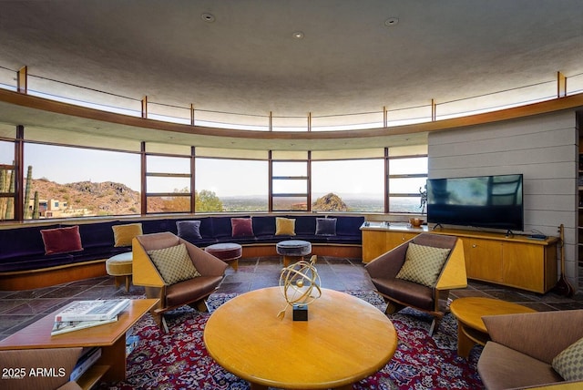 living room featuring a mountain view, plenty of natural light, and wood walls