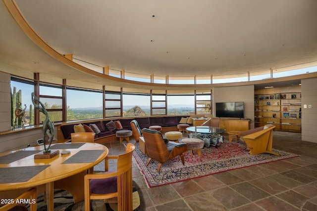 living room featuring built in shelves and plenty of natural light