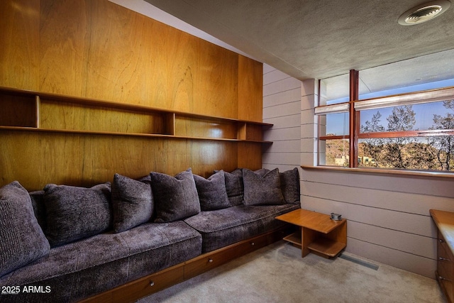 interior space featuring a textured ceiling and wooden walls