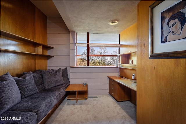 living area with a textured ceiling, light colored carpet, and wooden walls