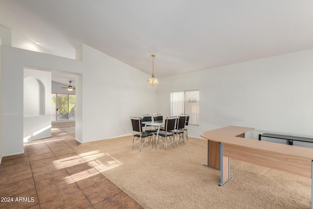 10735 W Bermuda Dr, Avondale, AZ 85392 - carpeted dining space with a chandelier, ceiling fan, tile patterned flooring, and high vaulted ceiling