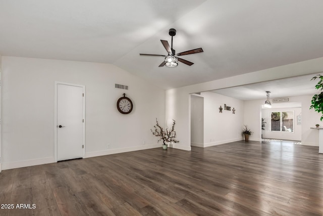 unfurnished living room featuring ceiling fan, lofted ceiling, dark wood-style flooring, visible vents, and baseboards