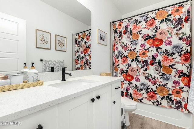 full bathroom featuring toilet, wood finished floors, and vanity