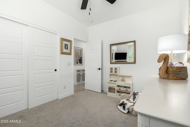 bedroom featuring a closet, carpet, and a ceiling fan