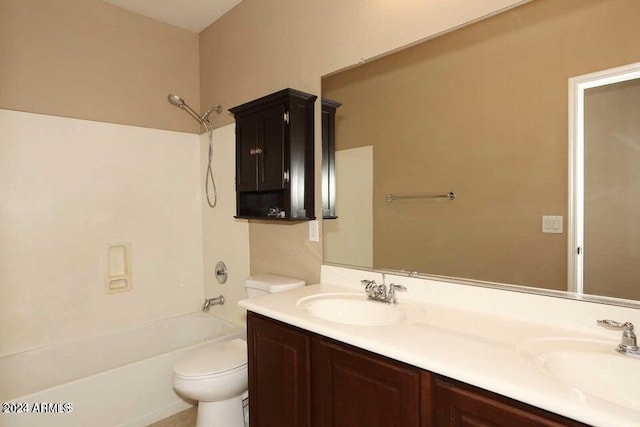 full bathroom with toilet, vanity, and shower / bathtub combination