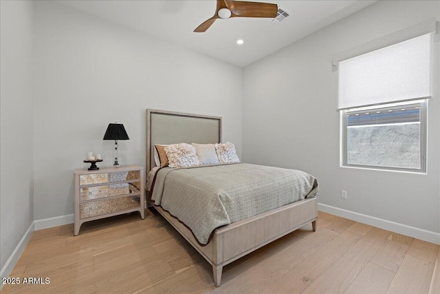 bedroom with visible vents, baseboards, ceiling fan, recessed lighting, and light wood-type flooring