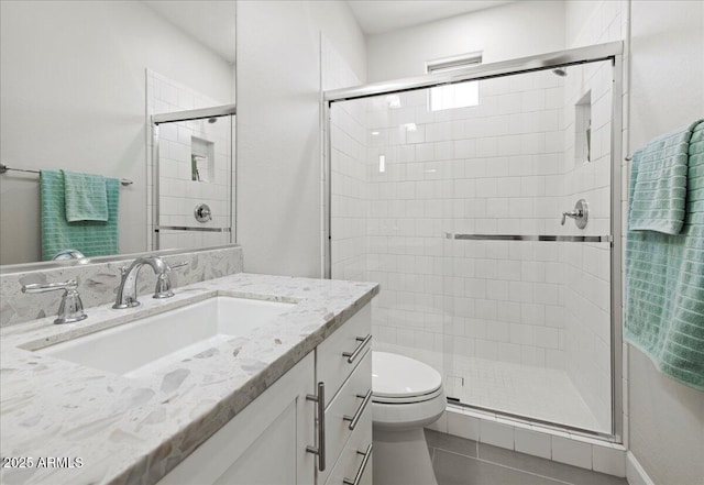 full bath with a stall shower, toilet, and vanity
