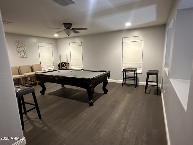 rec room featuring billiards, baseboards, visible vents, a ceiling fan, and wood finished floors