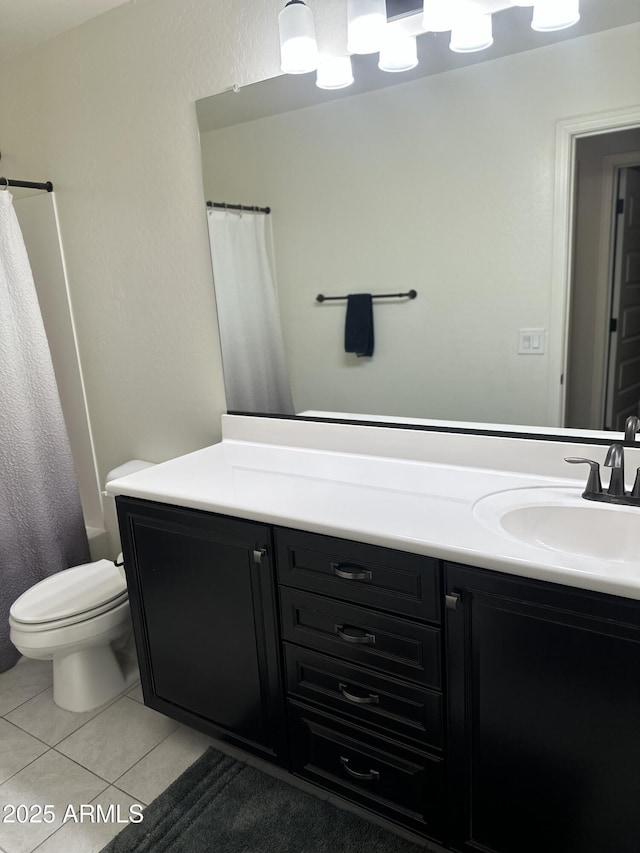 full bath featuring toilet, a shower with curtain, vanity, and tile patterned floors