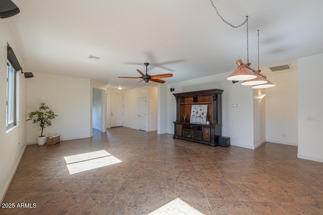 unfurnished living room with visible vents, baseboards, and ceiling fan