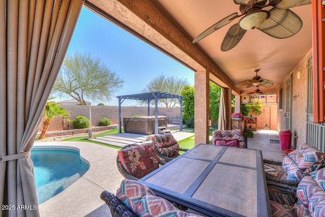 view of patio featuring outdoor dining space, a fenced in pool, a fenced backyard, a pergola, and a hot tub