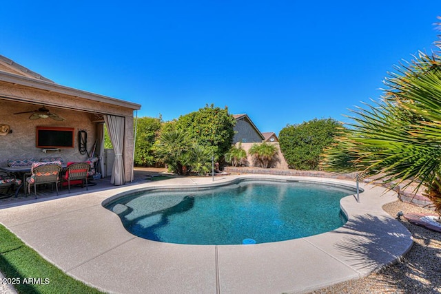 outdoor pool featuring a patio area and ceiling fan