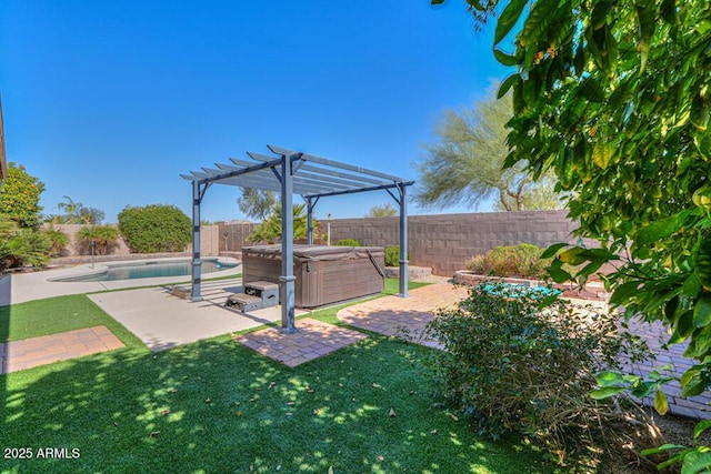 view of yard with a patio area, a hot tub, a fenced backyard, and a pergola