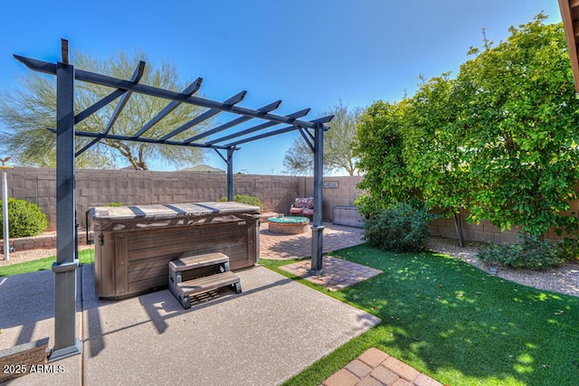 view of patio featuring a hot tub, a fenced backyard, and a pergola