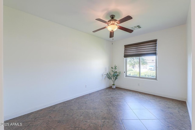 unfurnished room featuring a ceiling fan, visible vents, and baseboards