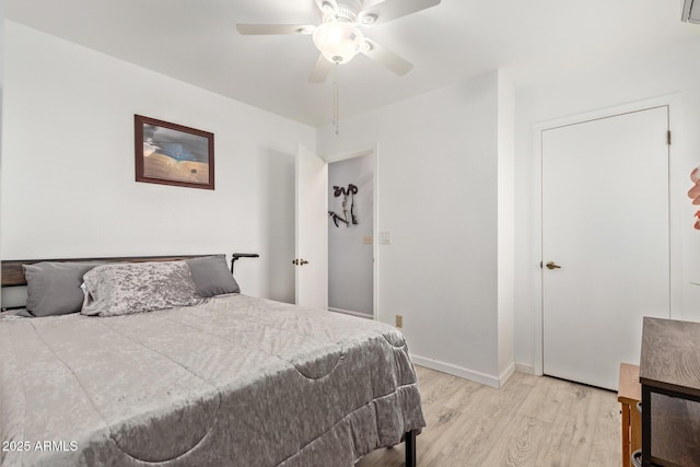 bedroom featuring ceiling fan and light wood-type flooring