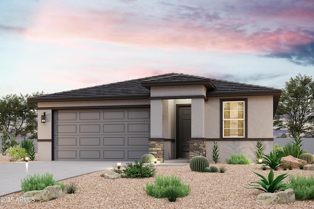 19320 N Diego Way, Maricopa, AZ 85138 - prairie-style home featuring a garage, concrete driveway, stone siding, and stucco siding