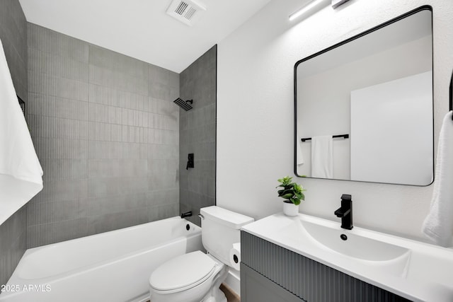 full bath with vanity, visible vents, bathtub / shower combination, and toilet