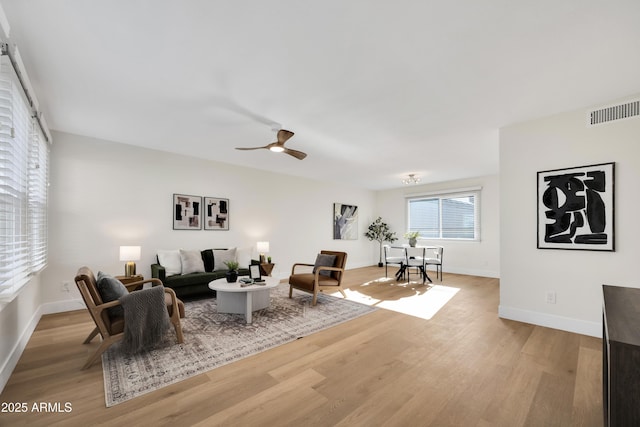 sitting room with visible vents, baseboards, ceiling fan, and wood finished floors