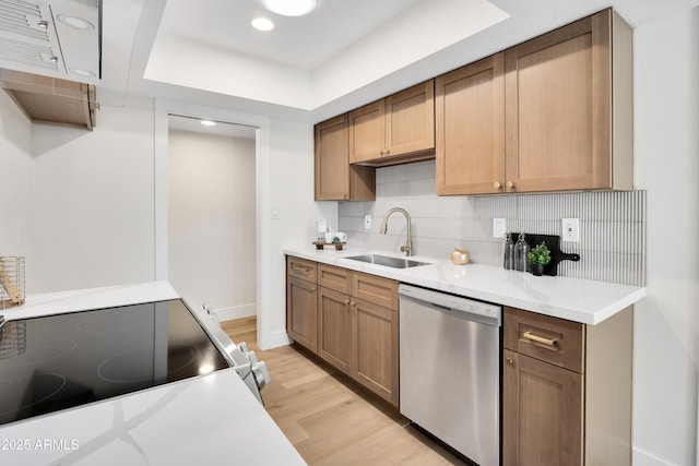 kitchen with backsplash, electric stove, dishwasher, a sink, and light wood finished floors