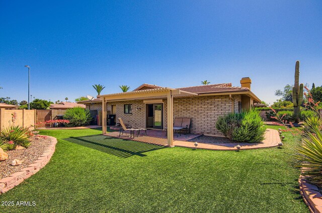 8355 E Via De Los Libros, Scottsdale, AZ 85258 - rear view of house featuring a chimney, a tile roof, a patio, and a pergola