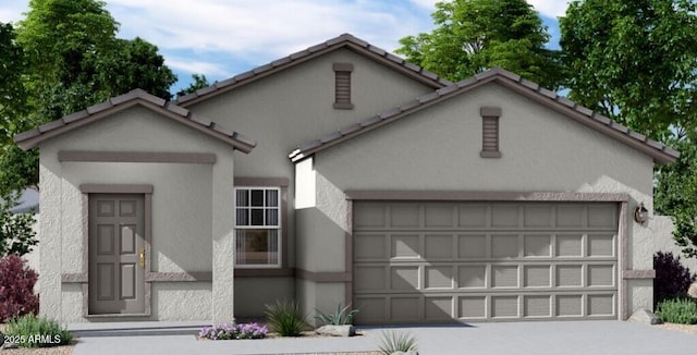view of front of home featuring stucco siding, an attached garage, a tile roof, and driveway