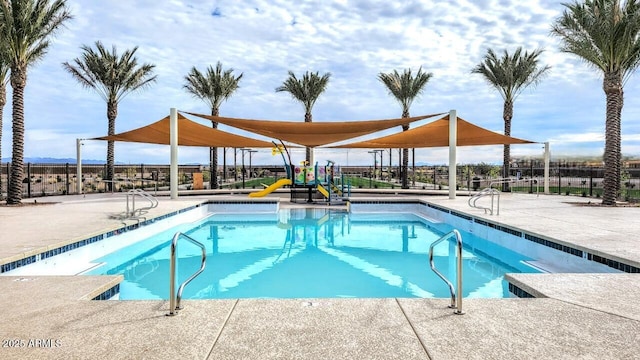 view of swimming pool featuring a patio