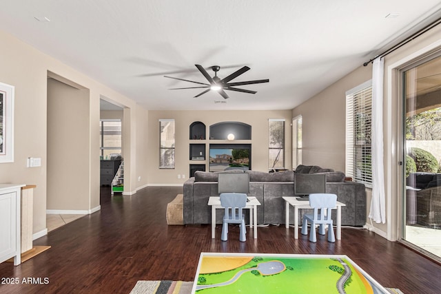 rec room with ceiling fan and hardwood / wood-style floors