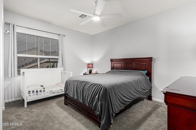 carpeted bedroom featuring ceiling fan