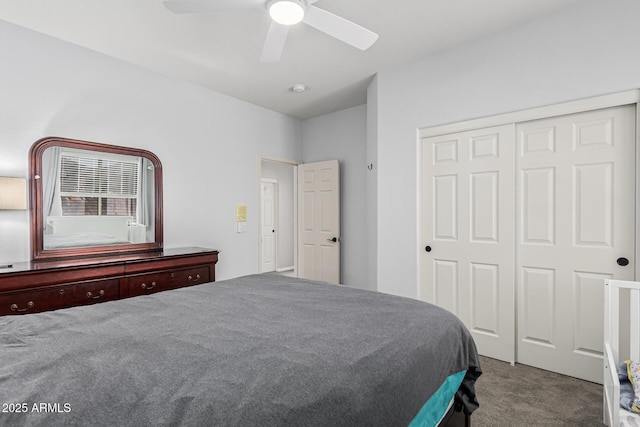 unfurnished bedroom featuring ceiling fan, light colored carpet, and a closet